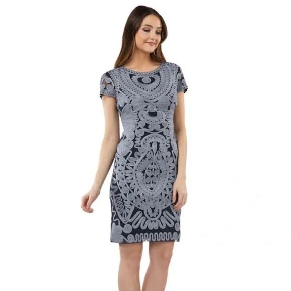 JS Collections Navy Blue Gray Dress Sheath Mesh Soutache 6 - Picture 13 of 13